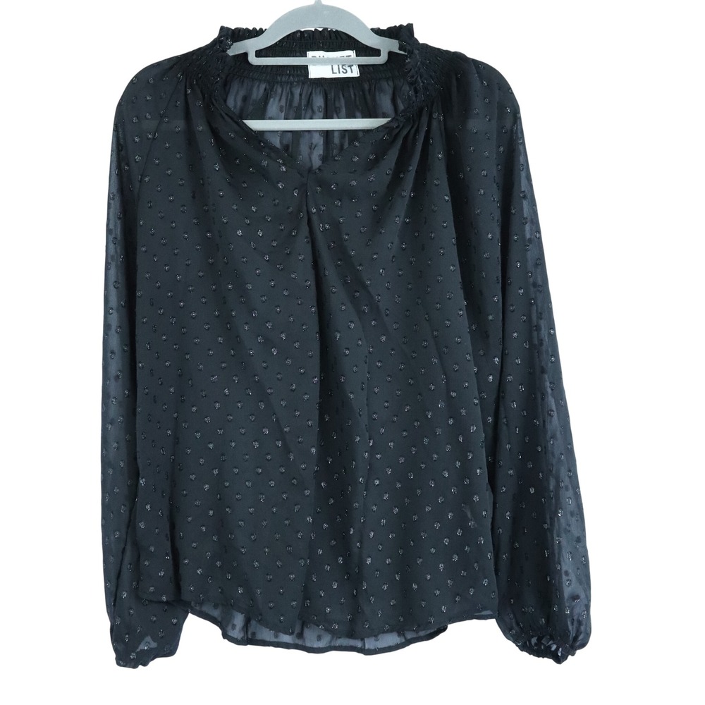 Bucketlist Black Blouse Sheer Swiss Dot Smocked Neck Victorian Goth Sz Small